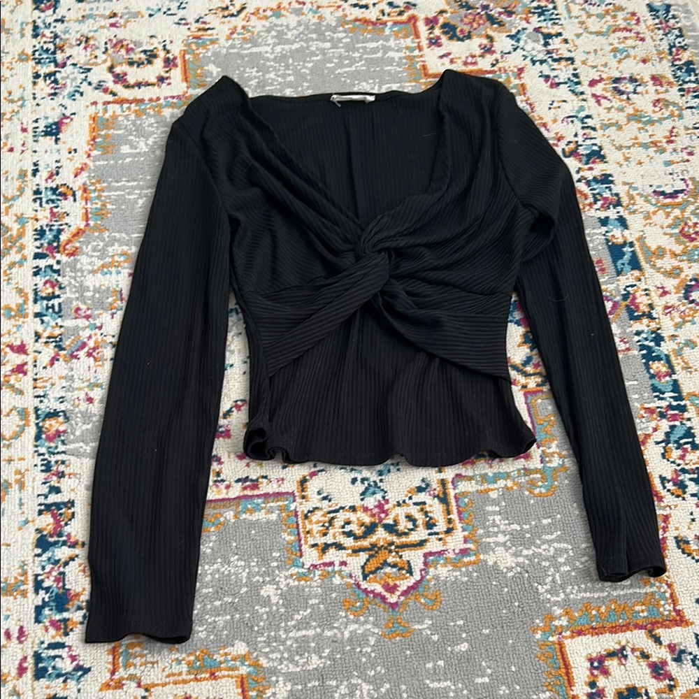 Altar'd State Black Tie Front Long Sleeve Blouse